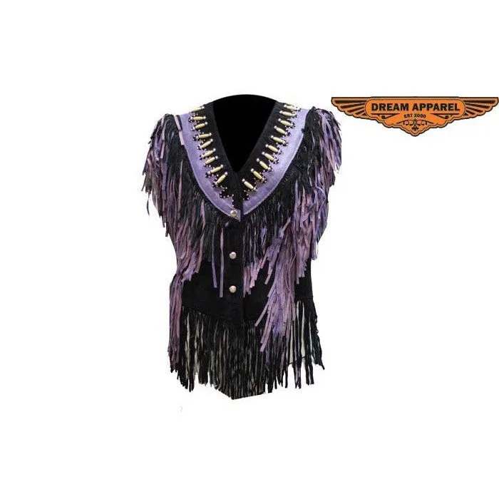 Ladies Black/Purple Leather Top with Beads, Bone, Braids and Fringes