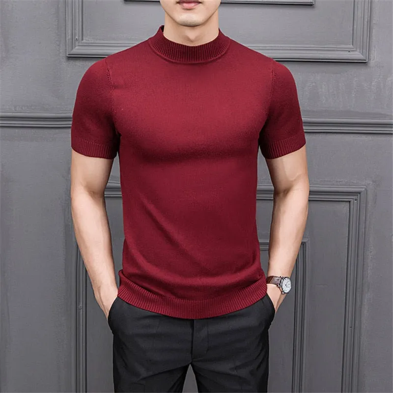 Men's Cotton T-shirt Sweater Half Turtleneck Solid Suck Sweat High Quality De Yq Clothing Knitted Casual Short Sleeve Pullover