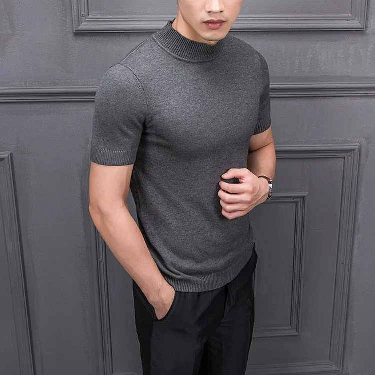 Men's Cotton T-shirt Sweater Half Turtleneck Solid Suck Sweat High Quality De Yq Clothing Knitted Casual Short Sleeve Pullover