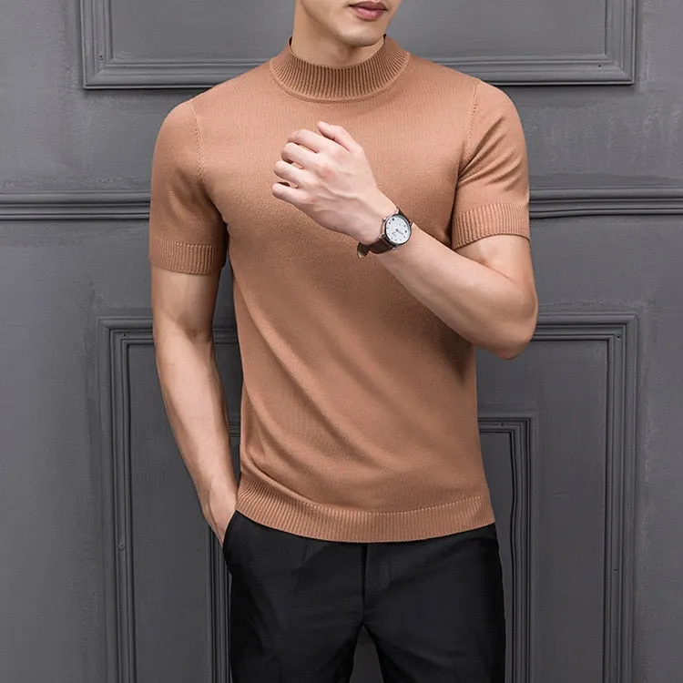 Men's Cotton T-shirt Sweater Half Turtleneck Solid Suck Sweat High Quality De Yq Clothing Knitted Casual Short Sleeve Pullover