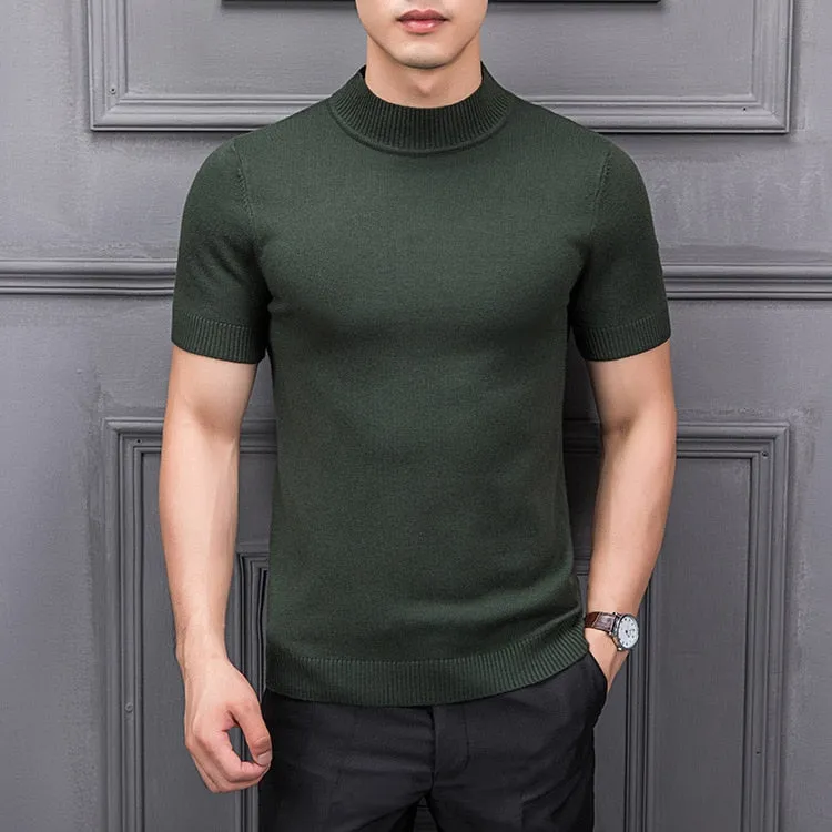 Men's Cotton T-shirt Sweater Half Turtleneck Solid Suck Sweat High Quality De Yq Clothing Knitted Casual Short Sleeve Pullover