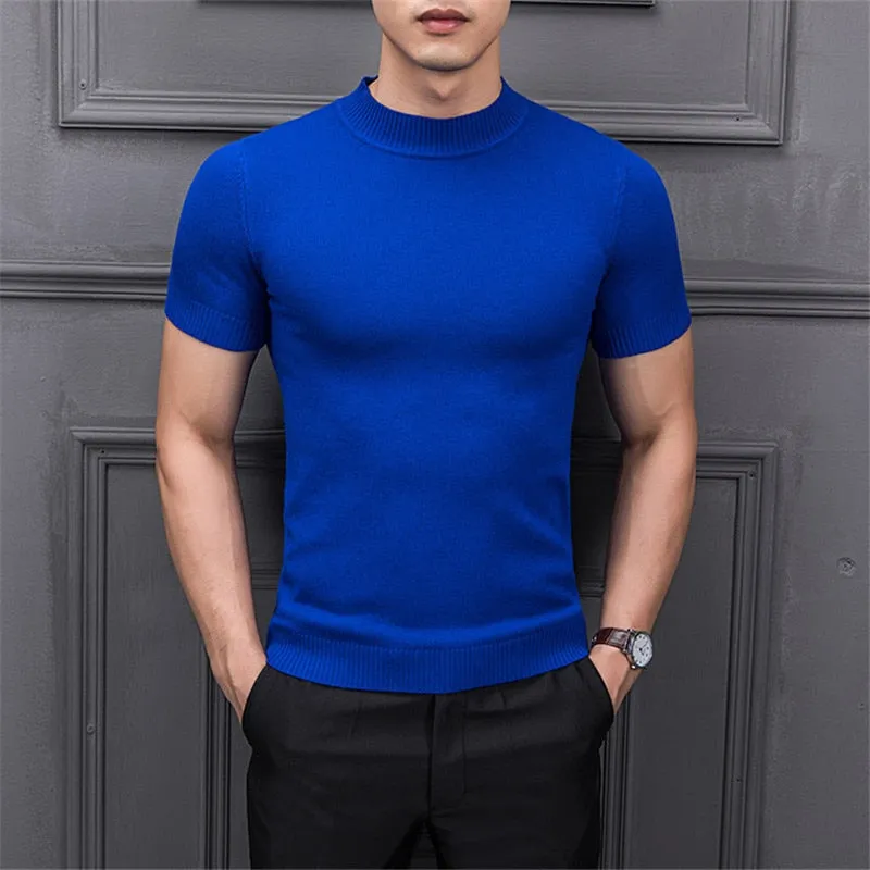 Men's Cotton T-shirt Sweater Half Turtleneck Solid Suck Sweat High Quality De Yq Clothing Knitted Casual Short Sleeve Pullover