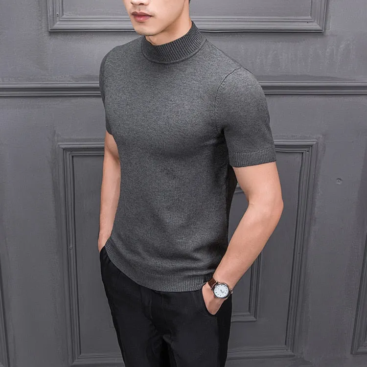 Men's Cotton T-shirt Sweater Half Turtleneck Solid Suck Sweat High Quality De Yq Clothing Knitted Casual Short Sleeve Pullover