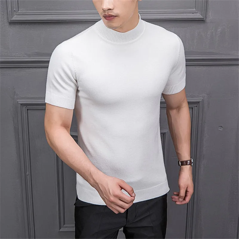 Men's Cotton T-shirt Sweater Half Turtleneck Solid Suck Sweat High Quality De Yq Clothing Knitted Casual Short Sleeve Pullover
