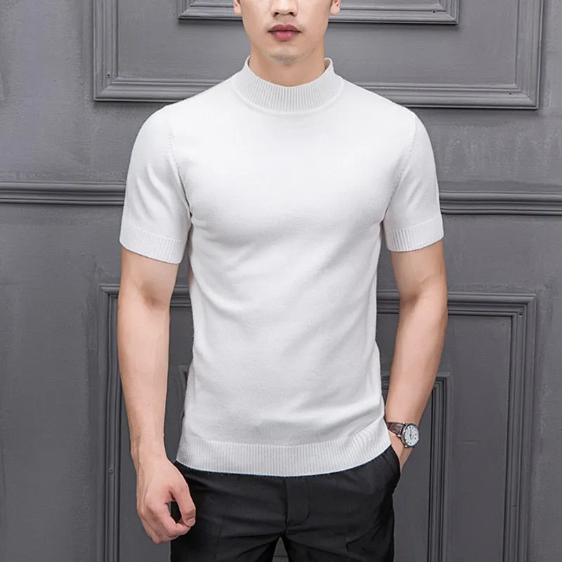 Men's Cotton T-shirt Sweater Half Turtleneck Solid Suck Sweat High Quality De Yq Clothing Knitted Casual Short Sleeve Pullover