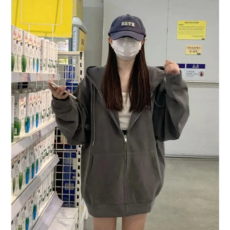 Metaversmall Vintage Zip-up Casual Simple Women's Sweatshirts Fashion Solid Color O-neck Basic Female Hoodies American Style Hoodies
