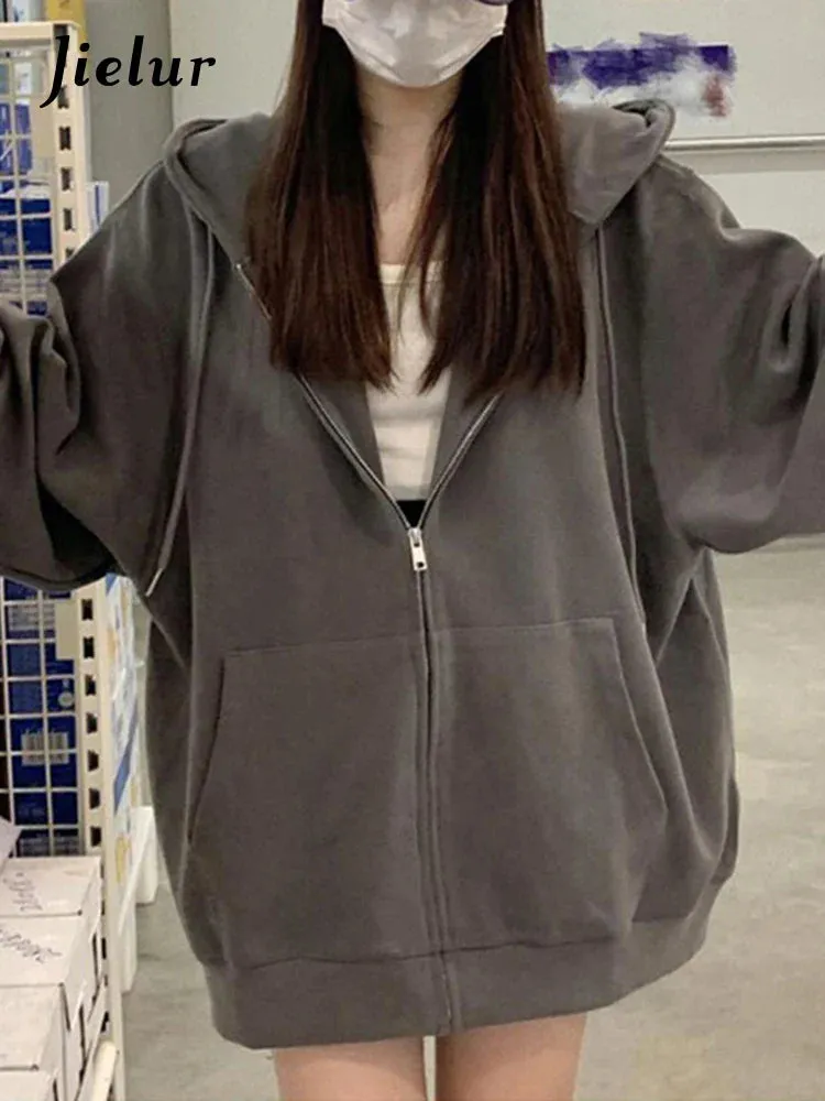 Metaversmall Vintage Zip-up Casual Simple Women's Sweatshirts Fashion Solid Color O-neck Basic Female Hoodies American Style Hoodies