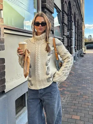 TAVIMART  -  Elegant Turtleneck Women's Sweater Contrast Twist Knitted Pullovers Crocheted Knitwear Long Sleeved Top 2024 Autumn Loose Jumper